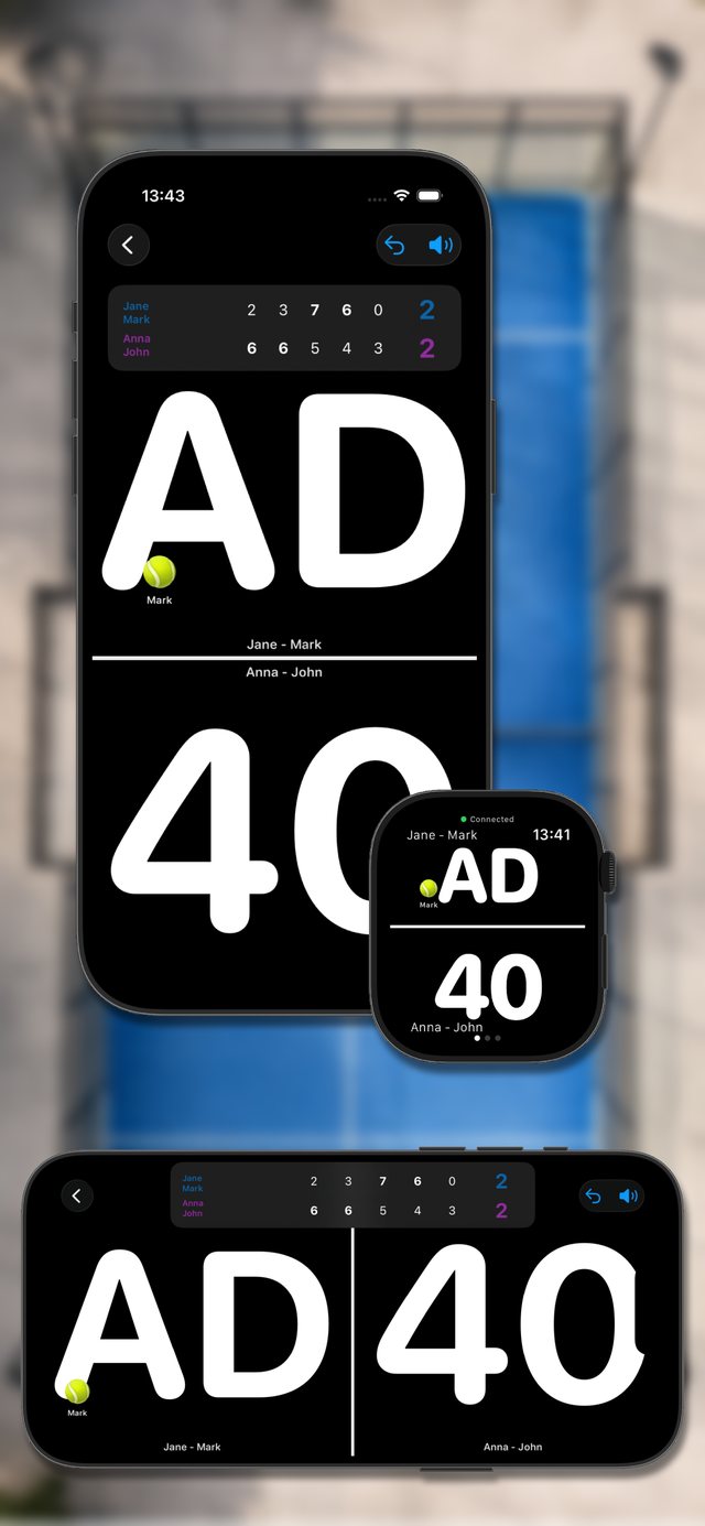 Padel Score — scoreboard in dark mode, on iPhone, Apple Watch and in landscape