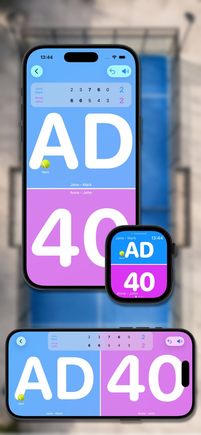 Padel Score — colour-coded scoreboard on iPhone and Apple Watch