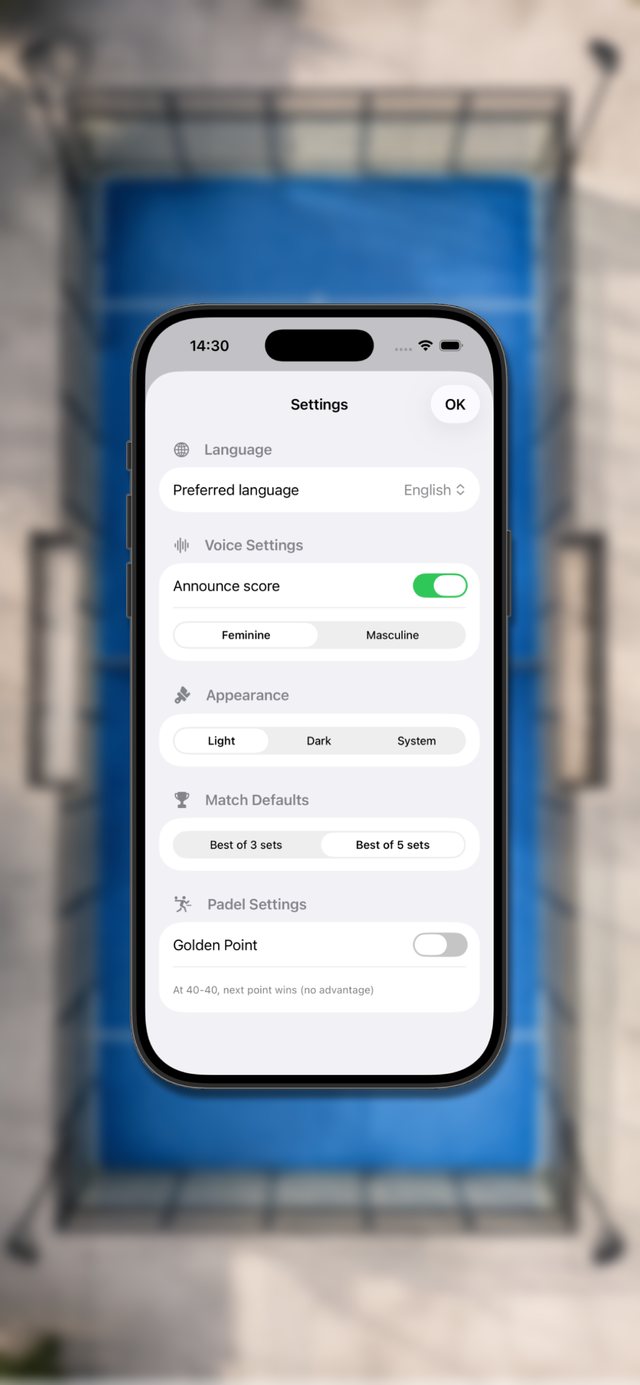 Padel Score — settings: language, voice, appearance, match defaults, golden point